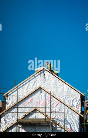 Bau - Facharbeiter Installation Schichten von Energie effiziente Wärmedämmung an den Außenwänden eine Neuentwicklung von Holz - UK gerahmt Häuser für eine soziale Wohnungsbaugesellschaft, Wales UK Stockfoto