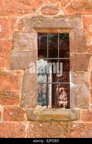 Blick durch ein Fenster der zerstörten Almosen Häuser im Stadtzentrum von Exeter Stockfoto