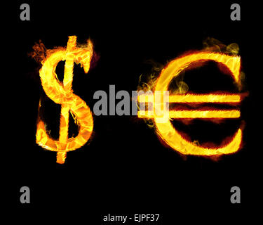 Euro und Dollar Geld unterschreibt in Flammen. Stockfoto