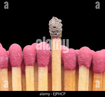 Gruppe von Übereinstimmungen mit einem verbrannten Match über die anderen hervorstechen. Auf schwarzem Hintergrund isoliert. Stockfoto