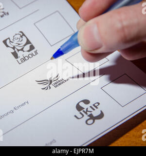 Eine UK-Wahlzettel mit den Logos der Arbeit, die Liberaldemokraten und UKIP Stockfoto