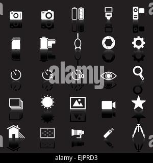 Kamera-Icons mit Spiegeln auf schwarzem Hintergrund, Lager Vektor Stock Vektor