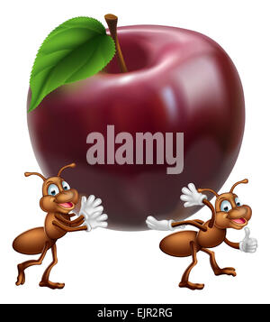 Eine Abbildung von einem niedlichen Cartoon Ameise Zeichen tragen einen Apfel Stockfoto