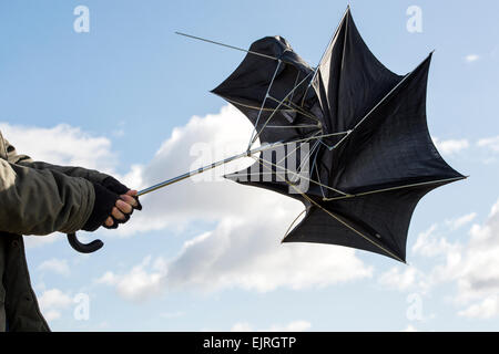 Mann hält einen Regenschirm in Sturm zwingen Winde Stockfoto