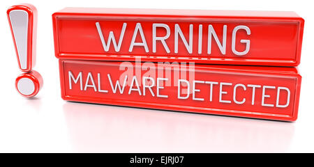 Achtung Malware erkannt: 3d Banner, isoliert auf weißem Hintergrund Stockfoto