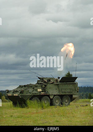 Soldaten aus B Truppe, 8. Staffel, 1. Kavallerie-Regiment 120mm Mörser aus ihrem Stryker MCV-B Feuer während Besatzung Zertifizierung.  Jason Kaye Ft Lewis Wash  Siehe auch: /-News/2008/05/30/9517-Kavallerie-Einheit-on-Target... /-news/2008/05/30/9517-cavalry-unit-on-target/index.html Stockfoto