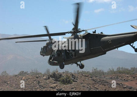 Zwei UH - 60L Blackhawk-Hubschrauber, von Piloten aus der 25. Combat Aviation Brigade-Task-Force "Diamond Head", fahren Sie in Richtung einer Landezone für eine geplante Luft-Angriff-Mission im Bereich Pohakuloa-Ausbildung auf der Big Island von Hawaii, 30 Mai geflogen.  Staff Sgt Tyrone C. Marshall Jr.  siehe: /-News/2008/06/17/10118-Pohakuloa-Training-Pr...  /-News/2008/06/17/10118-pohakuloa-Training-prepares-aviatiors-for-NTC/Index.HTML Stockfoto