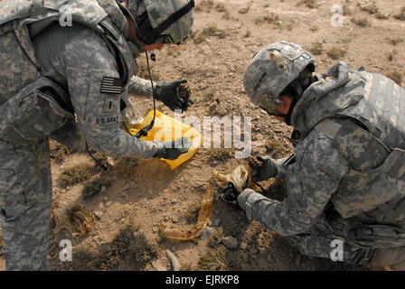 FORWARD OPERATING BASE FALCON, Irak--1st Lt. Michael Clark, ein Zugführer aus Dallas, 752nd Sprengstoff Ordnance Company, zugewiesen an 1., spezielle Truppen Bataillon, 1. Brigade Combat Team, 4. US-Infanteriedivision, Multi-National Division - Bagdad, und Kapitän Nicholas Mezmar, ein Nationalgardisten aus Harlingen, Texas, zugewiesen, 192. EOD Mrd. Auspacken Granaten Links außerhalb combat Outpost 21 August von einem betroffenen irakische Bürger in der Abu T'shir Gemeinde Bagdads Rashid Bezirk. Die Granaten wurden konfisziert, um in eine Grube erschossen EOD zerstört werden. Die 752nd EOD t Stockfoto