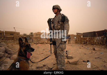 Sgt. Craig Walker und seine Gebrauchshund, Staff Sgt Carla von der 4. US-Infanteriedivision nehmen eine kurze Pause eine offene Menge während der Suche nach Waffenlager. Irakische Nationalpolizei und US-Soldaten von 64. Armored Cavalry Regiment, 4. Brigade suchte 3. Infanterie-Division ein Mullalah in Risalah, Bagdad am 15. September 2008, um die lokalen militärischen Alter Männchen dort wohnen zu dokumentieren. Stockfoto