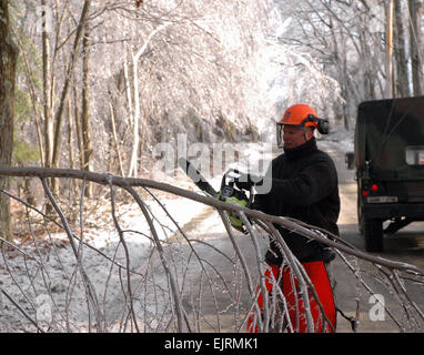 SPC. Daryl Johnson, ein Bau Ausrüstung-Operator, 379th Ingenieur Co. Horizontal, Massachusetts Army National Guard, schneidet einen umgestürzten Baum mit einer Motorsäge in Phillipston, Massachusetts 14. Dezember 2008. Die Stadt Phillipston macht verloren, wenn Bäume mit Eis bedeckt begann fallen auf Stromleitungen verlassen die Städte 900 Häuser ohne Strom. Der 379th wurde mobilisiert, um Bäume zu Fällen und Straßen zu löschen, damit zivile Versorgungsunternehmen versuchen zur Wiederherstellung der Macht der Stadt beginnen können.  Sgt. James Lally 081214-A-L4290-093 Stockfoto