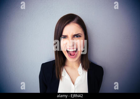 Wütend Geschäftsfrau schreien auf grauem Hintergrund. Blick in die Kamera Stockfoto