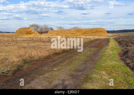 Zeitigen Frühjahr Landschaft in der Ukraine - Erde Weg zum Heuhaufen Stockfoto