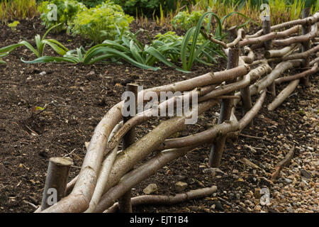 Nutzung der verfing Haselnuss-Filialen, gewundenen kleinen Zaun Garten Zuteilung wie Flechten mit Weide zu erstellen Stockfoto