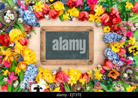 Ferien-Hintergrund mit Tafel für Ihren Text. Frühling Blumen und Ostereier. Stockfoto