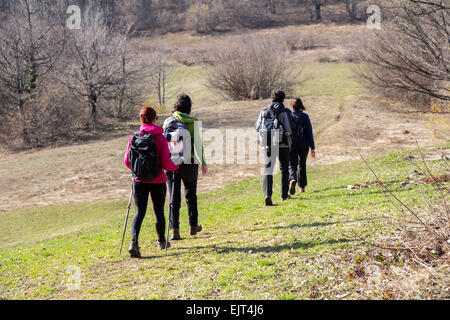 Wanderer zu Fuß mit Rucksack im Wald Stockfoto