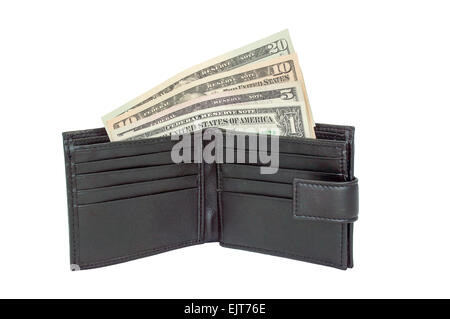 Vereinigten Staaten einem, fünf, zehn und zwanzig Dollar bills in eine schwarze Geldbörse. Isoliert auf weißem Hintergrund. Stockfoto