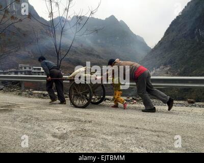 (150401)--DAHUA, 1. April 2015 (Xinhua)--ein Dorfbewohner schiebt einen Wagen mit Zementen im Nongli Dorf dann Township im Südwesten Chinas autonome Region Guangxi Zhuang, 13. Februar 2015.? Wegen des Mangels an Flachland bauen die meisten Familien in den westlichen Bergregionen der Dahua ihre Häuser auf Hügeln. In den Qibainong und dann der Dahua haben Menschen der Miao ethnische Gruppe in den Bergen etwa eintausend Jahre lang gelebt. Sie zählen auf die Anpflanzung von Hühneraugen für ihren Lebensunterhalt. Gestelzt dreistöckige Gebäude ist der traditionellen Architektur-Stil in den beiden Landkreisen. Peopl Stockfoto