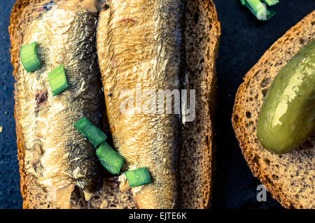 Vorspeise mit geräuchertem Fisch und Roggenbrot, grüne Zwiebeln und Gewürzgurken Stockfoto