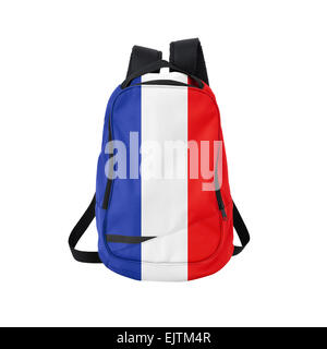 Frankreich Flagge Rucksack isolierten auf weißen Hintergrund. Zurück zum Schulkonzept. Ausbildung und Studium im Ausland. Reisen und Tourismus in Fra Stockfoto