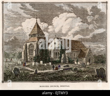 Hand getönt viktorianischen gravierte Print Abtei Kirche der Jungfrau Maria und St. Sexburgha auch bekannt als Minster Kirche Sheppey um 1870 Stockfoto