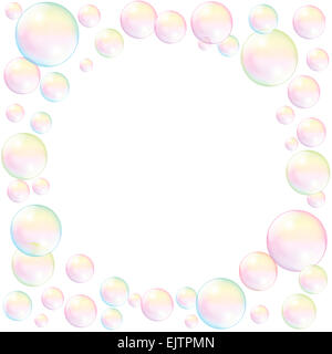 Seifenblasen mit dem leeren Raum, in Text oder Bild zu füllen. Abbildung auf weißem Hintergrund. Stockfoto