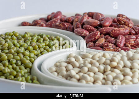 Verschiedene Arten von bunten Bohnen in weißer Keramik Schüssel Stockfoto