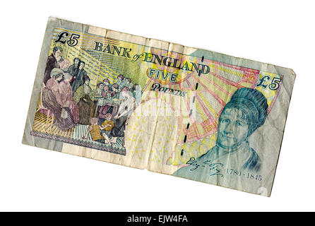 Alte 5 £ Pfund Hinweis, Rückansicht verwendet Stockfoto