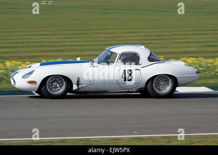 Der Jaguar E-Type Low Drag von Read Gomm und S Butler Kurven hart an der Goodwood Mitglieder 2015 Stockfoto