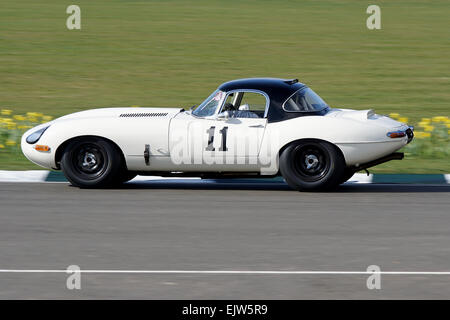 Der Jaguar E-Type von Martin Hunt und Patrick Blakeney Edwards Kurven hart an der Goodwood Mitglieder 2015 Stockfoto