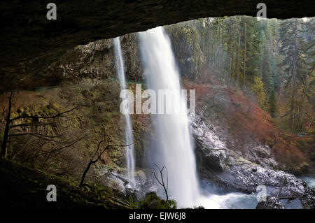 OR02061-00... OREGON - Blick auf Wanderer Blick auf Norden fällt, hinter dem Wasserfall in Silver Falls State Park genommen. Stockfoto