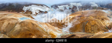 Panorama von Kerlingarfjöll (die Grobiane Berge), eine vulkanische Bergkette liegt im Hochland von Island. Stockfoto