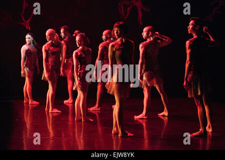 Shobana Jeyasingh Dance Bajadere – The Ninth Life, eine große Provision aus dem Royal Opera House. Bajadere ist ein reimagining von Petipas gefeierten 1877 Ballett La Bayadère. Aufführungen im Linbury Studio Theatre an der ROH vom 25-28 März 2015. Die Tänzer sind: Avatâra Ayuso, Richard Causer, Nathan Goodman, Sunbee Han, Noora Kela Davin König, Emily Pottage. Sooraj Subramaniam und Teerachai Thobumrung. Stockfoto