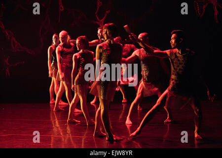 Shobana Jeyasingh Dance Bajadere – The Ninth Life, eine große Provision aus dem Royal Opera House. Bajadere ist ein reimagining von Petipas gefeierten 1877 Ballett La Bayadère. Aufführungen im Linbury Studio Theatre an der ROH vom 25-28 März 2015. Die Tänzer sind: Avatâra Ayuso, Richard Causer, Nathan Goodman, Sunbee Han, Noora Kela Davin König, Emily Pottage. Sooraj Subramaniam und Teerachai Thobumrung. Stockfoto