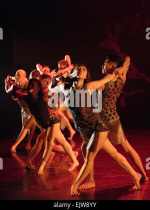 Shobana Jeyasingh Dance Bajadere – The Ninth Life, eine große Provision aus dem Royal Opera House. Bajadere ist ein reimagining von Petipas gefeierten 1877 Ballett La Bayadère. Aufführungen im Linbury Studio Theatre an der ROH vom 25-28 März 2015. Die Tänzer sind: Avatâra Ayuso, Richard Causer, Nathan Goodman, Sunbee Han, Noora Kela Davin König, Emily Pottage. Sooraj Subramaniam und Teerachai Thobumrung. Stockfoto