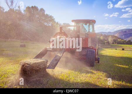 USA, Colorado, Traktor im Feld bei Sonnenuntergang Stockfoto