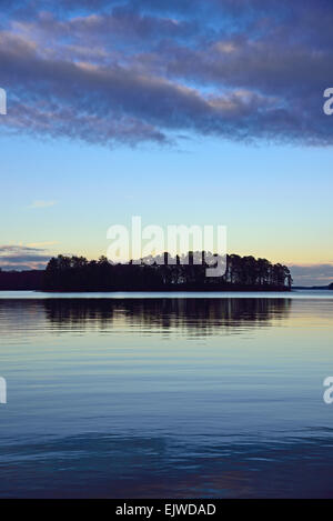 USA, Georgia, Lake Lanier, symmetrische Ansicht der Bäume spiegelt im See in der Abenddämmerung Stockfoto