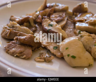 Kalbsschnitzel mit Pilzen Steinpilze und Sahne. Stockfoto