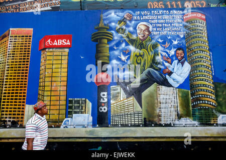 Johannesburg Südafrika, Maboneng District, Kunst am Main, gentrifiziertes Stadtviertel, Wandgemälde, Nelson Mandela, ABSA, Schwarze Männer, SAfri150306120 Stockfoto