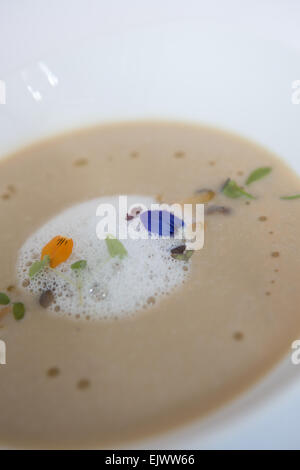 Karamellisiertem Blumenkohl-Suppe mit Meerrettich-Schaum & wilde Blume garnieren, in einer weißen Schüssel serviert. Stockfoto