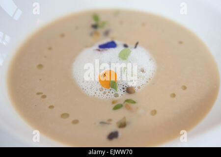 Karamellisiertem Blumenkohl-Suppe mit Meerrettich-Schaum & wilde Blume garnieren, in einer weißen Schüssel serviert. Stockfoto