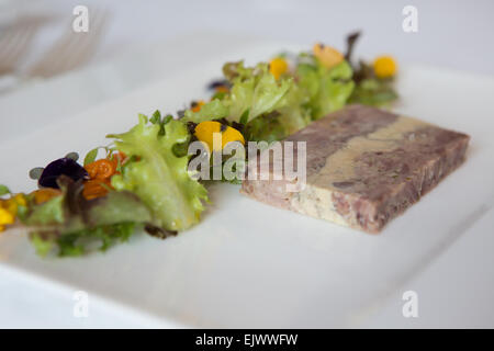 Geräucherter Schinken Hock und Gänseleber-Terrine mit hausgemachten Piccalilli und Salat garniert serviert auf einem weißen Teller. Stockfoto