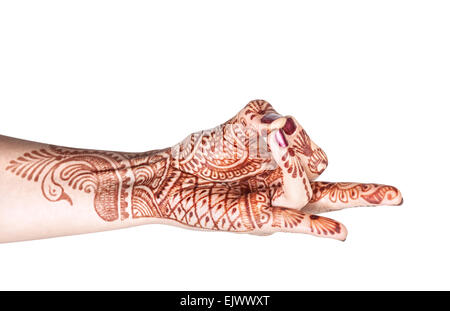 Frau Hand mit Henna Rücken Mudra isoliert auf weißem Hintergrund mit Beschneidungspfad zu tun Stockfoto