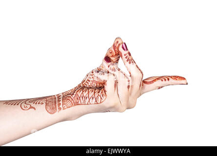Frau Hand mit Henna bronchiale Mudra isoliert auf weißem Hintergrund mit Beschneidungspfad zu tun Stockfoto