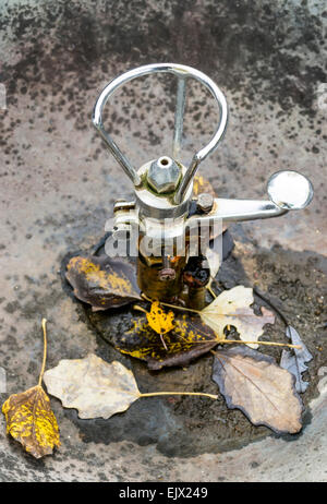 Sprinkler in einem Park mit Toten Herbst Blätter am unteren Ende des heißen Sommertagen angibt und zu Beginn der Herbst gesammelten Stockfoto