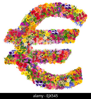 Der Schild-Symbol-Euro-Währung besteht aus frischen Sommerblumen. Isolierte Collage. Alle Bilder in voller Größe finden Sie in meinem Portfolio Stockfoto