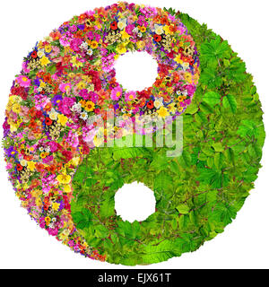 Yin und Yang floralen Symbol aus Sommerblumen und Blättern hergestellt. Isolierte handgefertigte collage Stockfoto