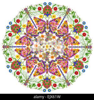 Insekten-Mandala. Schmetterlinge, Libellen und Marienkäfer bestehen aus hellen Sommerblumen. Isolierte handgefertigte collage Stockfoto