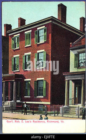 Diese Postkarte aus dem frühen 20. Jahrhundert zeigt die Residenz von General Robert E. Lee in Richmond, Virginia. Das Bild bietet einen Einblick in die Geschichte und Architektur der Zeit und zeigt die Heimat einer prominenten Persönlichkeit aus der Zeit des Amerikanischen Bürgerkriegs. Stockfoto