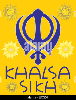 ein Beispiel für ein Sikh Grusskarte mit militärischen Emblem Sonnenblumen und die Worte Khalsa Sikh in blau Stockfoto