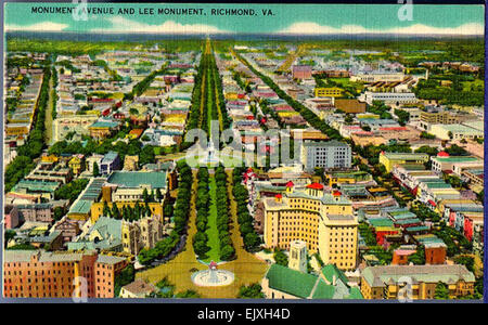 Die Monument Avenue in Richmond, Virginia, beherbergt eine Reihe historischer Denkmäler, darunter das Lee Monument, eine Statue, die dem Konföderierten General Robert E. Lee gewidmet ist. Postkarten aus dem frühen 20. Jahrhundert erfassen die ikonische Allee und spiegeln die kulturelle und politische Landschaft der damaligen Zeit wider. Stockfoto